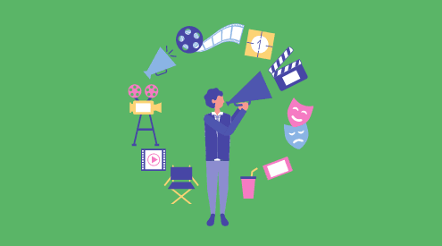Image of a person with a megaphone surrounded by film production icons to give the impression of inclusive casting language