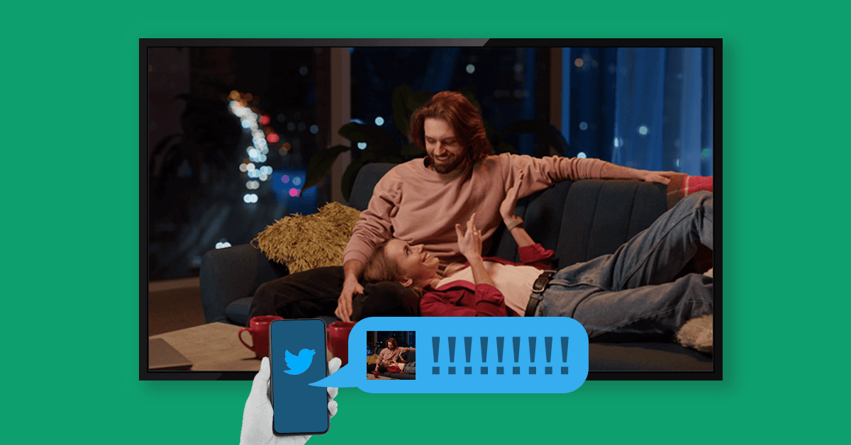 In this image, there is a green background with a TV screen on it. The TV screen is showing two people lying together on a couch talking. In front of the TV screen is a phone with the Twitter logo on it, and a Tweet of all exclamation marks popping out. This image represents the conversation held on social media and other platforms about TV shows, especially when things go wrong.