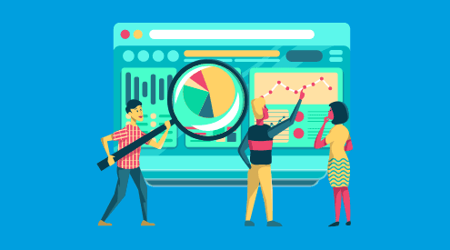 Image of people looking at a dashboard to convey analytics