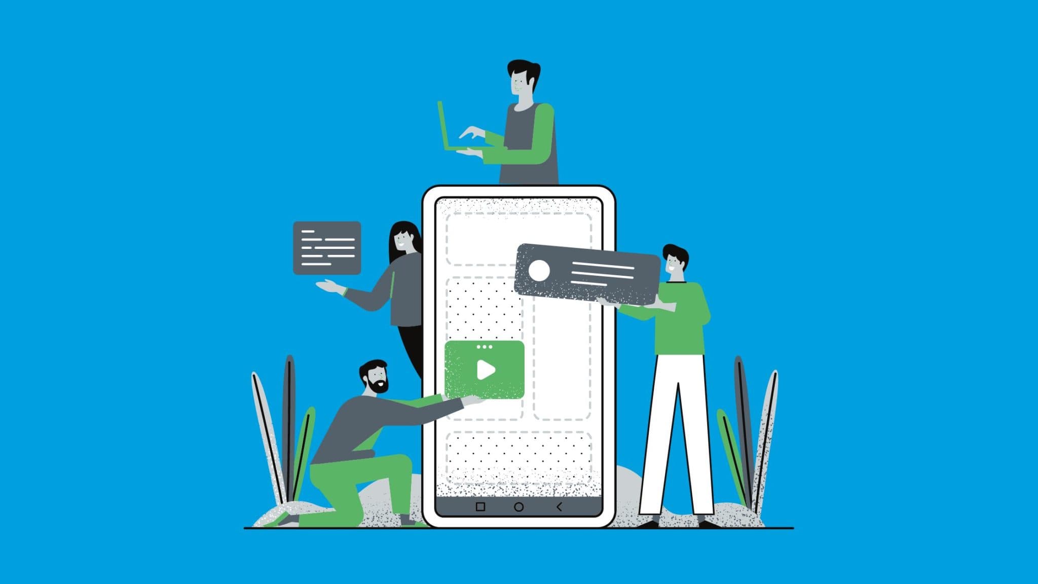 This image is on a blue background. The digital illustration is of four people standing around a phone, each holding a different digital item. The photo is meant to represent channel diversification.