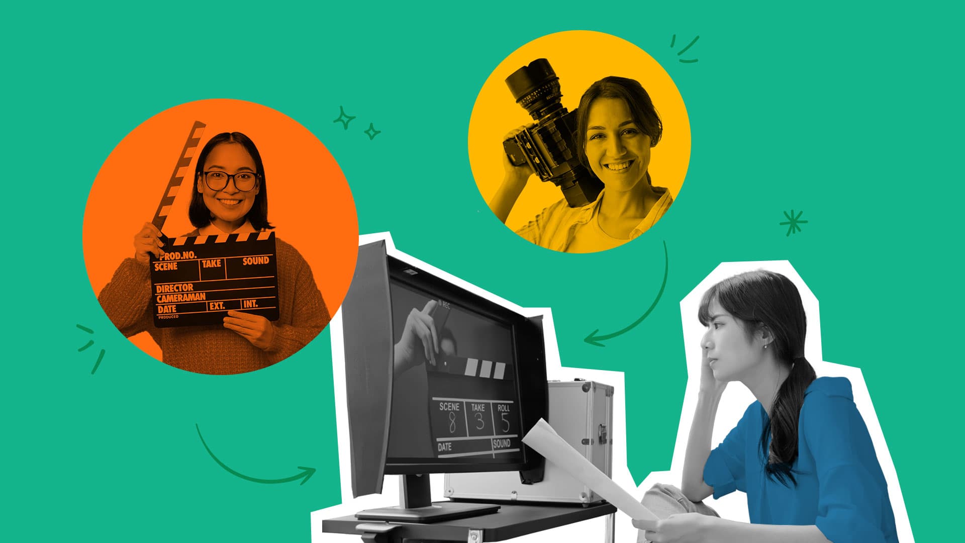 This image features a woman sitting at a computer editing a video. In different circles around her are other women in film-related professions. This image represents women in film.