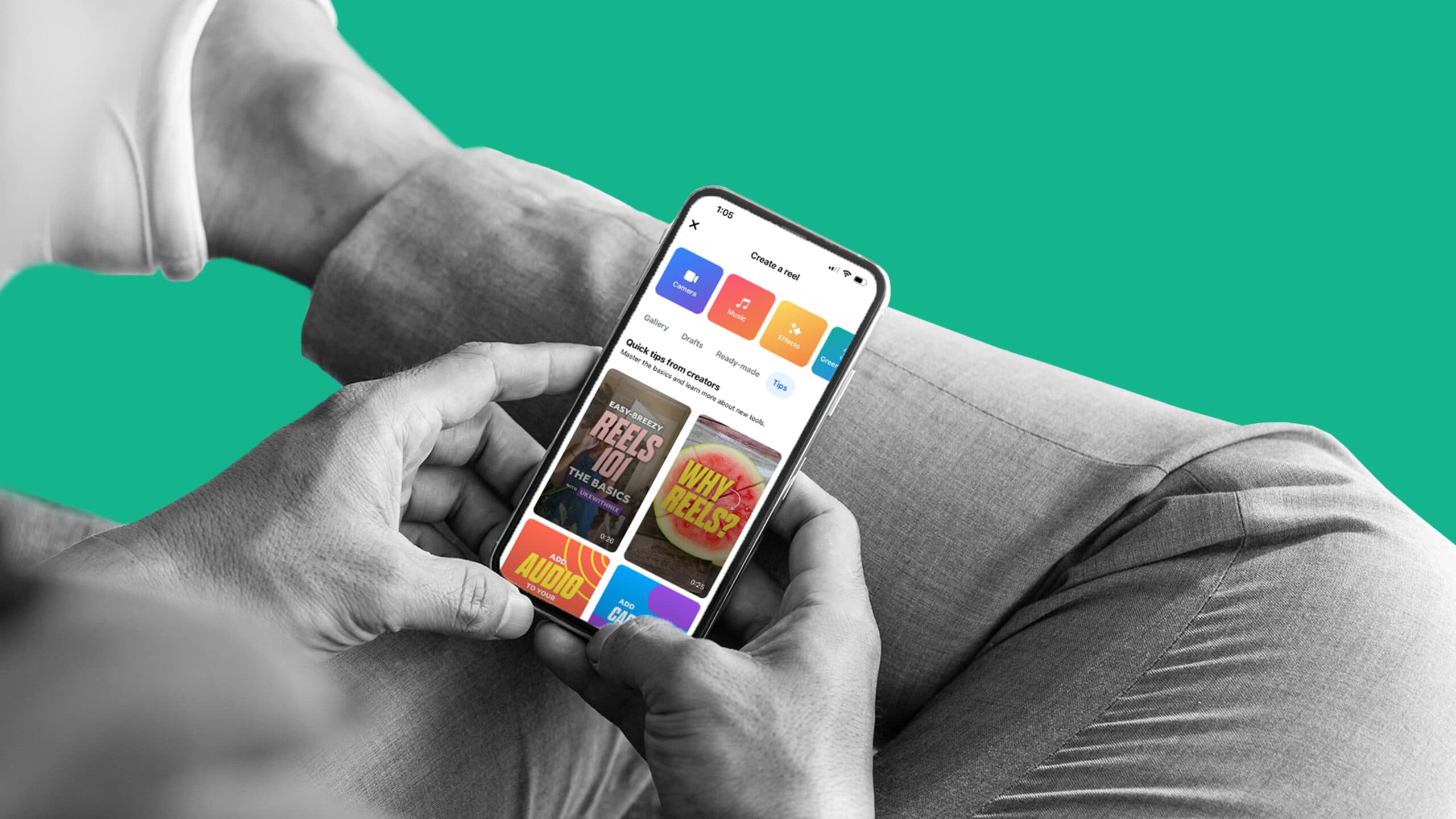 This image features someone sitting down with one leg crossed at the knee, about to start creating a Reel on their phone. On the screen, you can see different options and resources available. This image represents the guide to Facebook Reels.