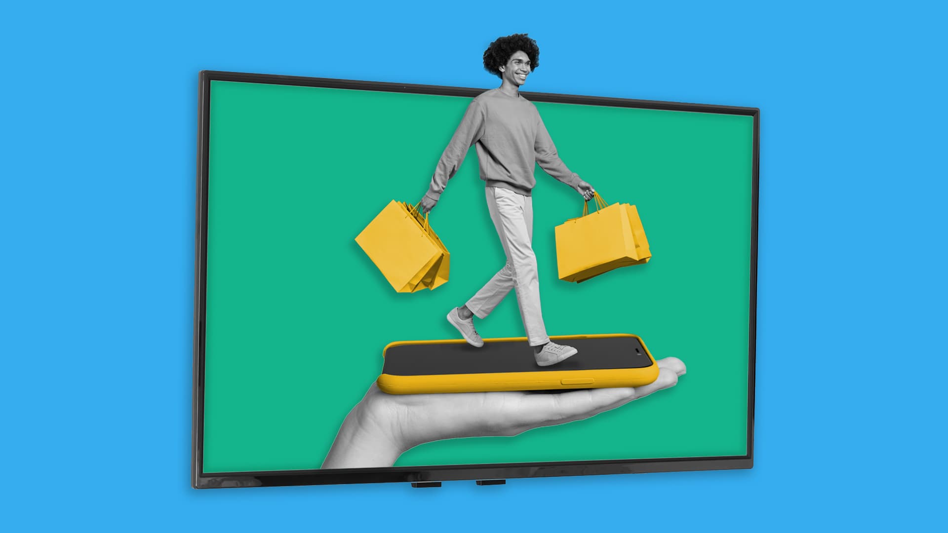 This image features a green TV screen on a blue background. On the TV screen, you can see a person walking on a flat smart phone, as if it's a walking pad. They are holding four yellow shopping bags in their hands. This image represents the future of video commerce.