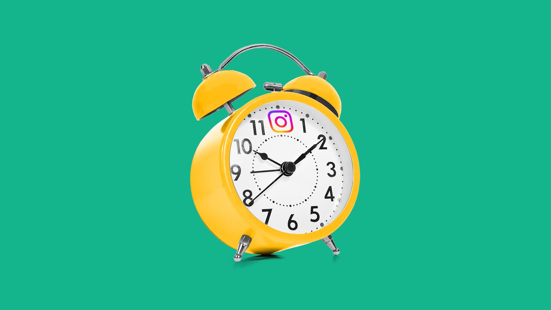 This image features a green background with a yellow clock on it. The alarm clock has the Instagram logo in the place of the 12. This image represents the best time to post on Instagram.