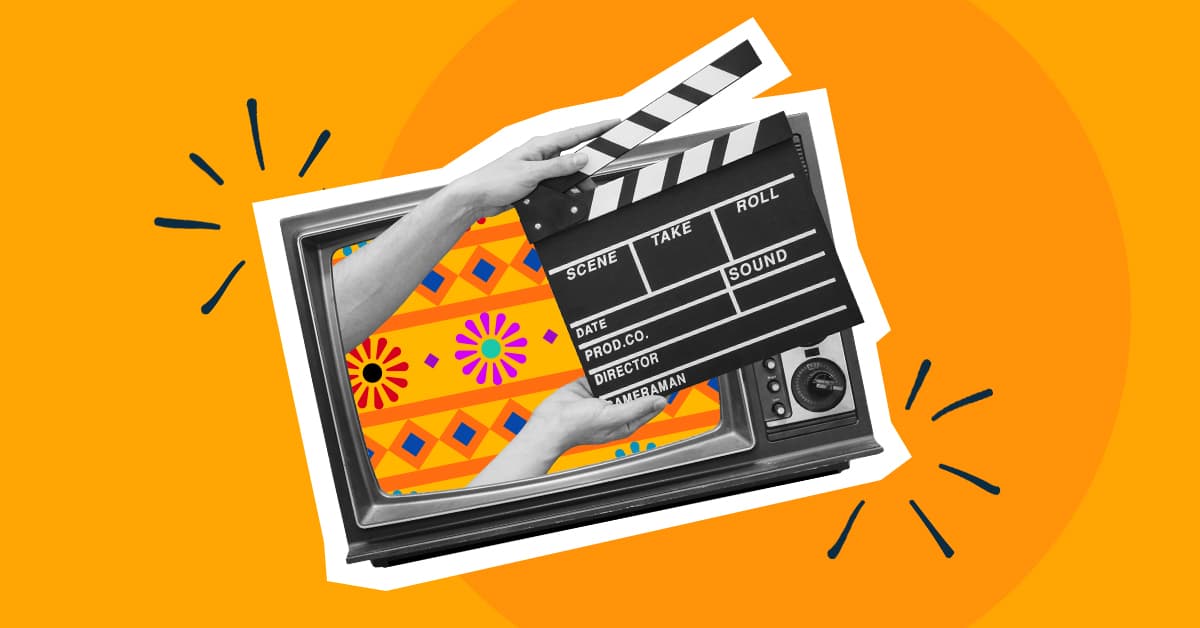This image features a TV with a clapperboard coming out of it. This image represents Hispanic and Latinx Heritage Month Resources.
