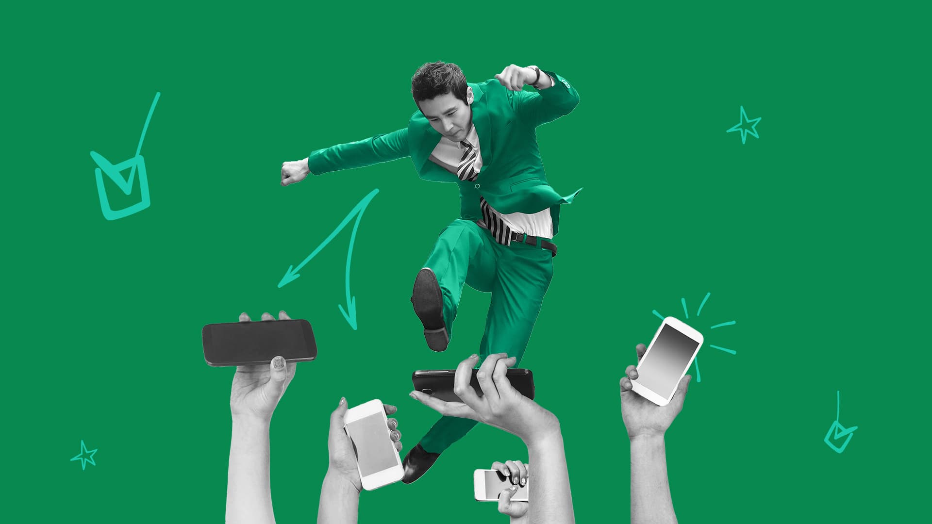 This image has a green background and features hands holding phones at the bottom. Above the phones, a person is jumping above the phones. This image represents reaching people with effective advertising.