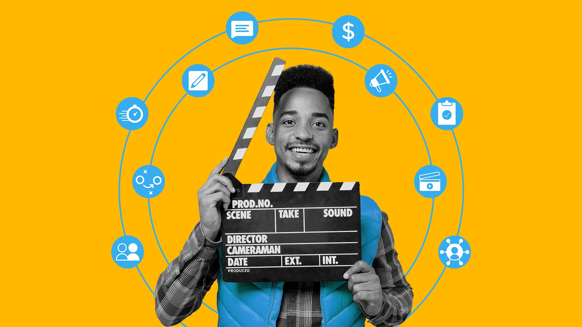 This image is of a person holding up a clapperboard with different video production icons around them. This image represents everything to include in your video marketing strategy.