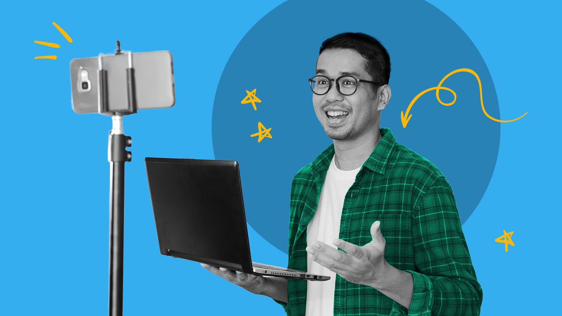 This image features an influencer talking to their phone on a stand while holding a laptop. This image represents emerging influencer marketing trends to watch.