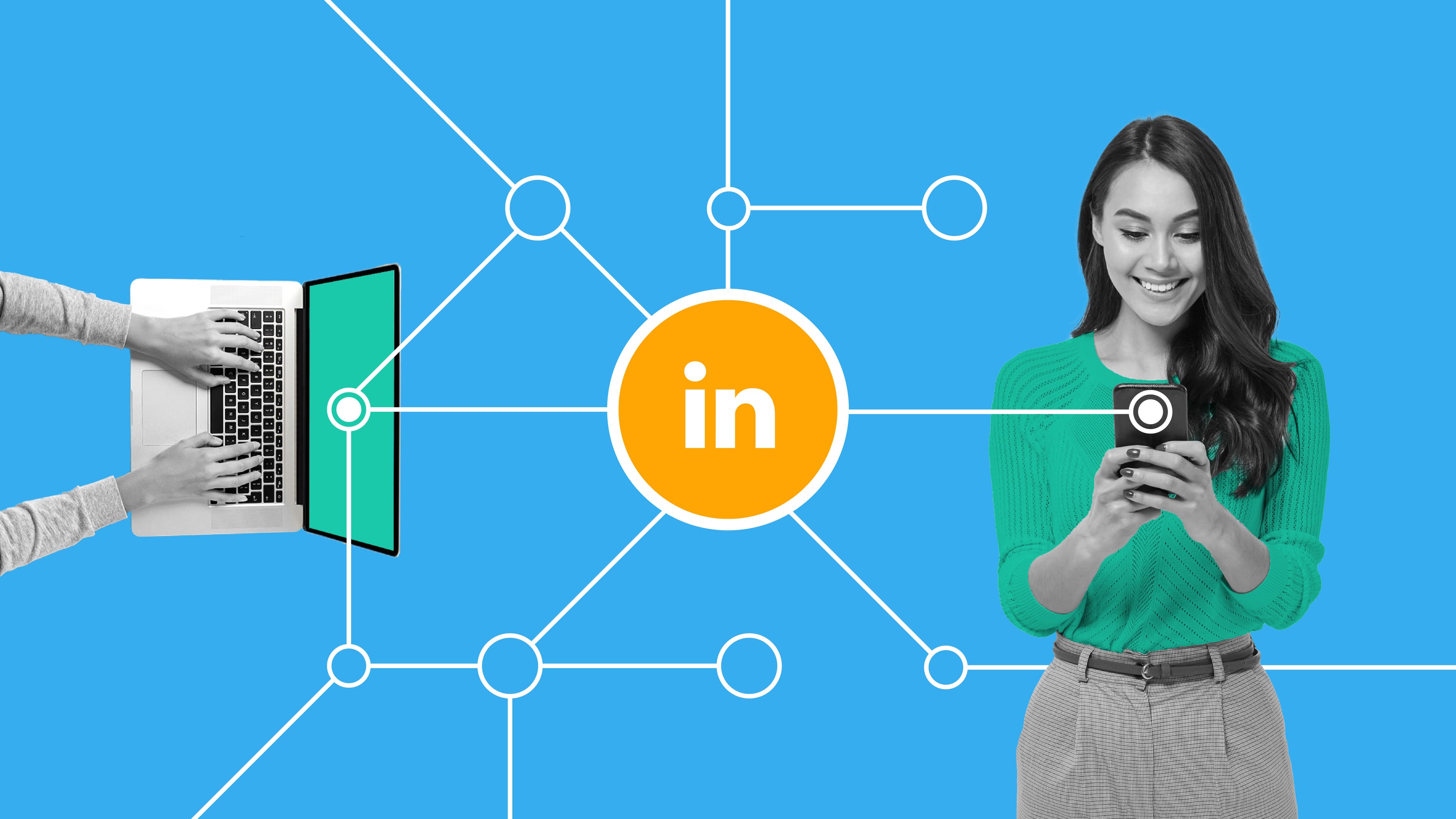 This image features a person standing while using their phone. They are wearing a green shirt. On the other side of the image, there is a computer and hands are typing on the keyboard. In the middle of these two, there is the LinkedIn logo. This image represents the LinkedIn algorithm.