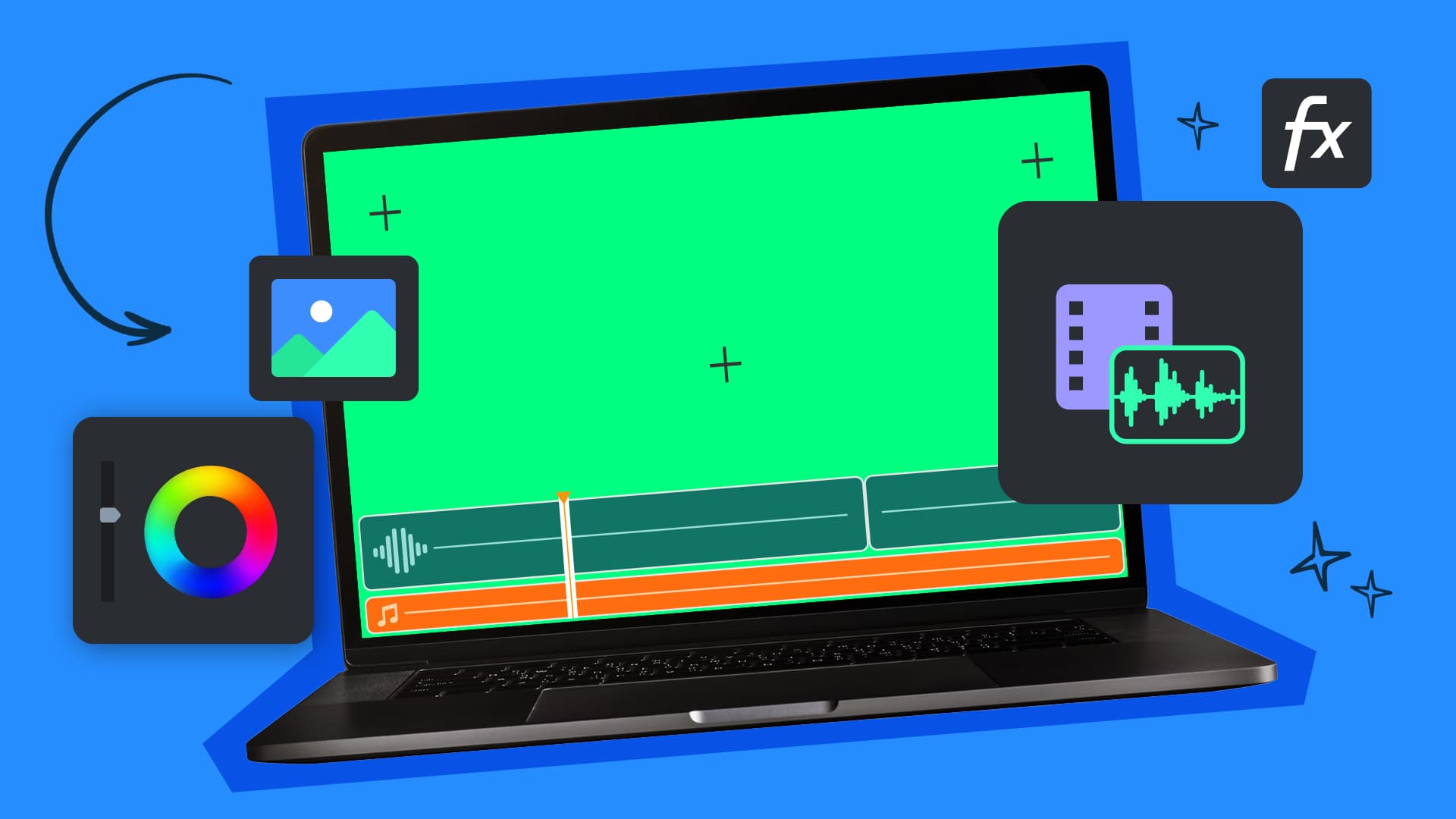 This image features a laptop with editing imagery around it. This image represents visual effects compositing.