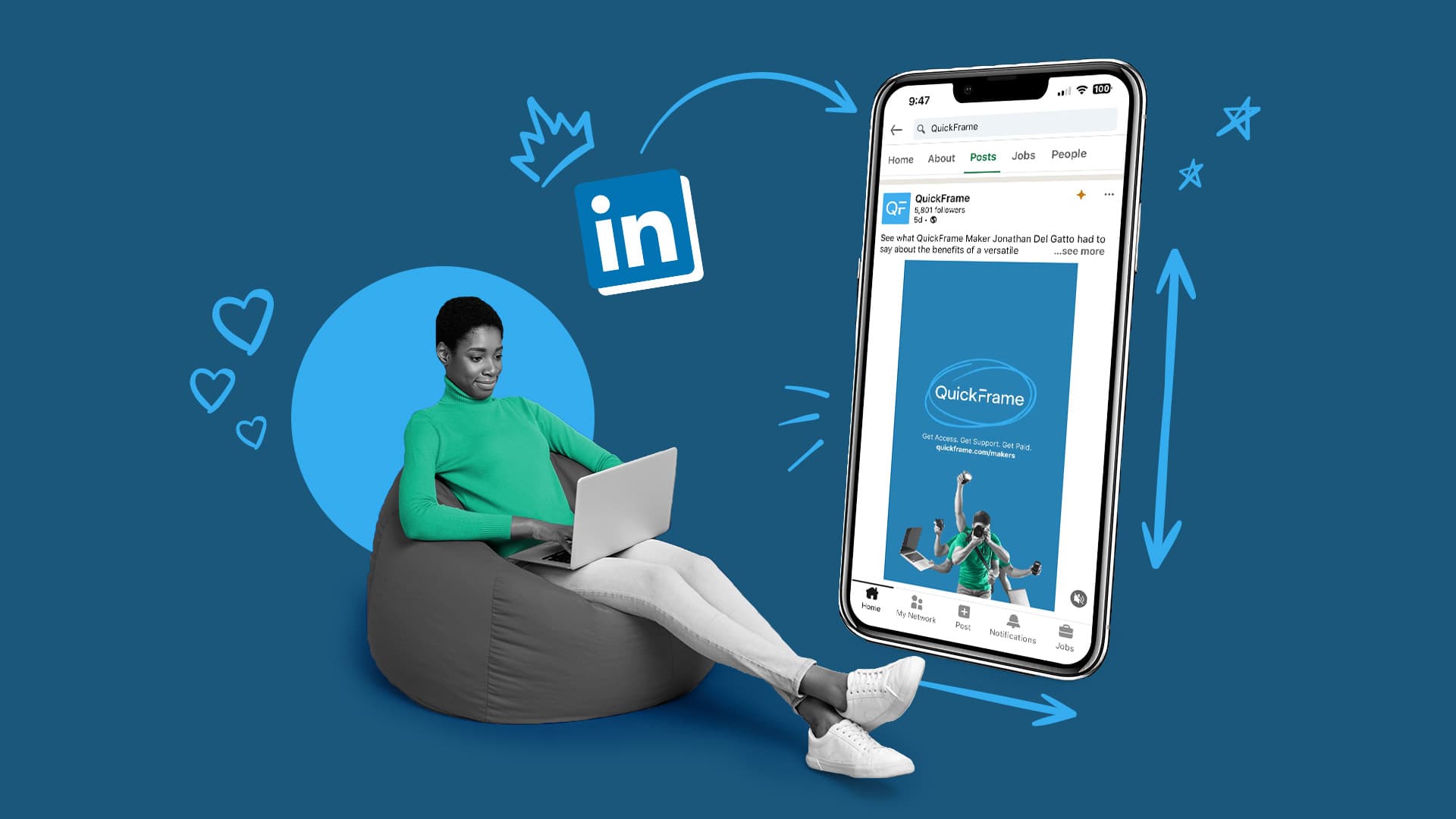 This image features a person sitting in a chair while using their laptop. On the right, there is a large phone with LinkedIn logos and visuals. This image represents LinkedIn Video ads.