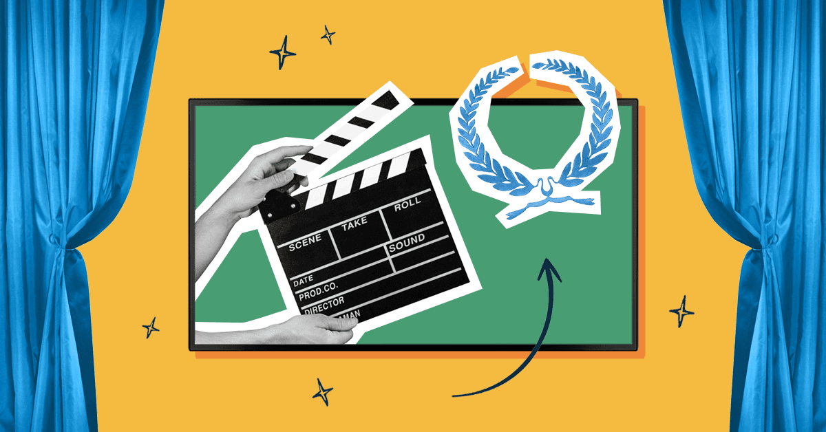 This image features a TV with curtains on either side. On the TV screen, there's a clapper board and a symbol. The image represents Cannes Lions 2024.