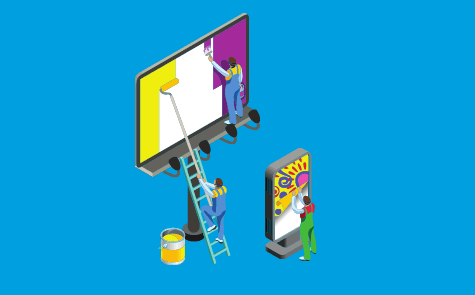 Image of people putting up a billboard and digital signage as examples of out of home advertising