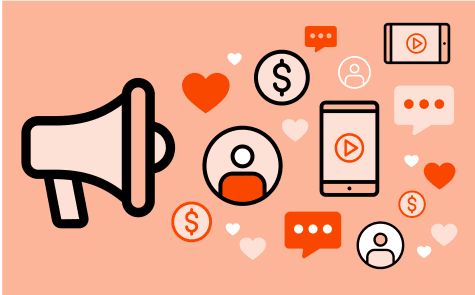 Dollar signs, profile pictures, screens with videos