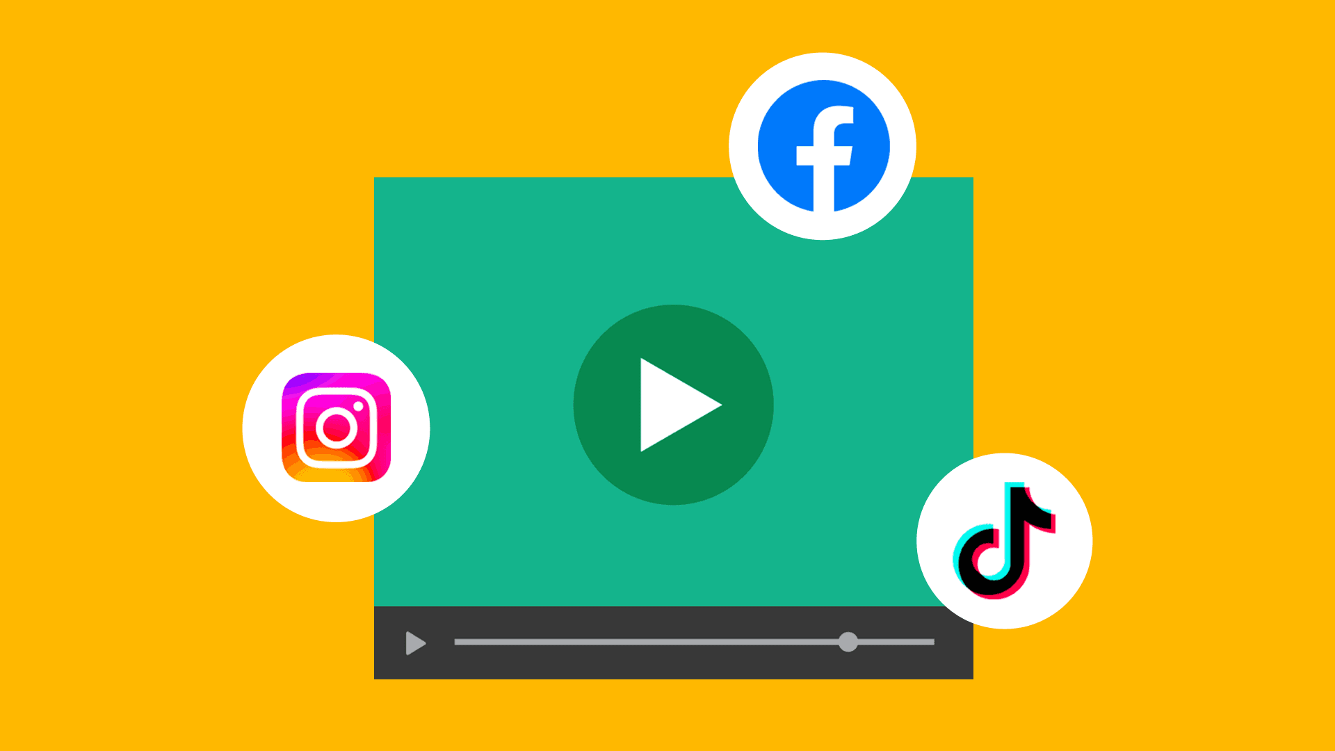 This image features a screen with a video player. Around the screen, there are logos for Instagram, Facebook, and TikTok. This image represents the effectiveness of post production in repurposing your video marketing content.