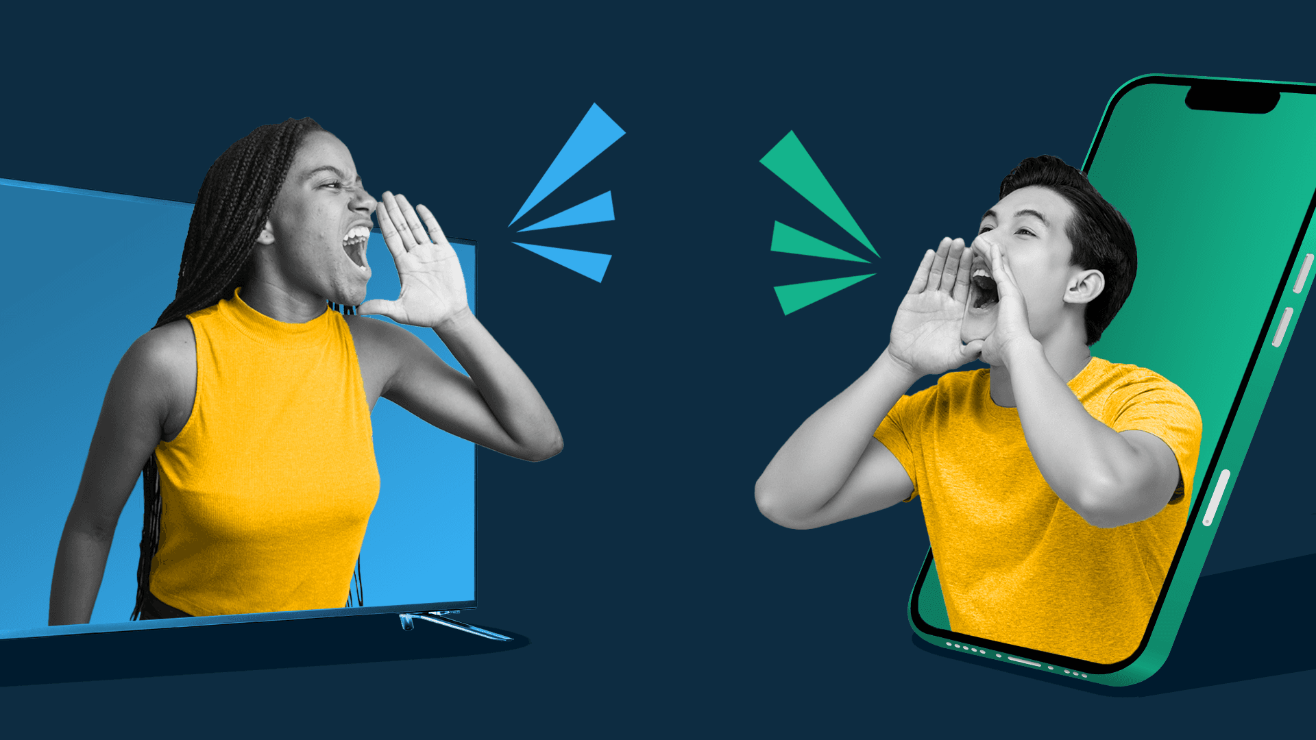 This image features a navy background with two screens. On each screen, a person is yelling. This image represents the importance of audience-based conversations.