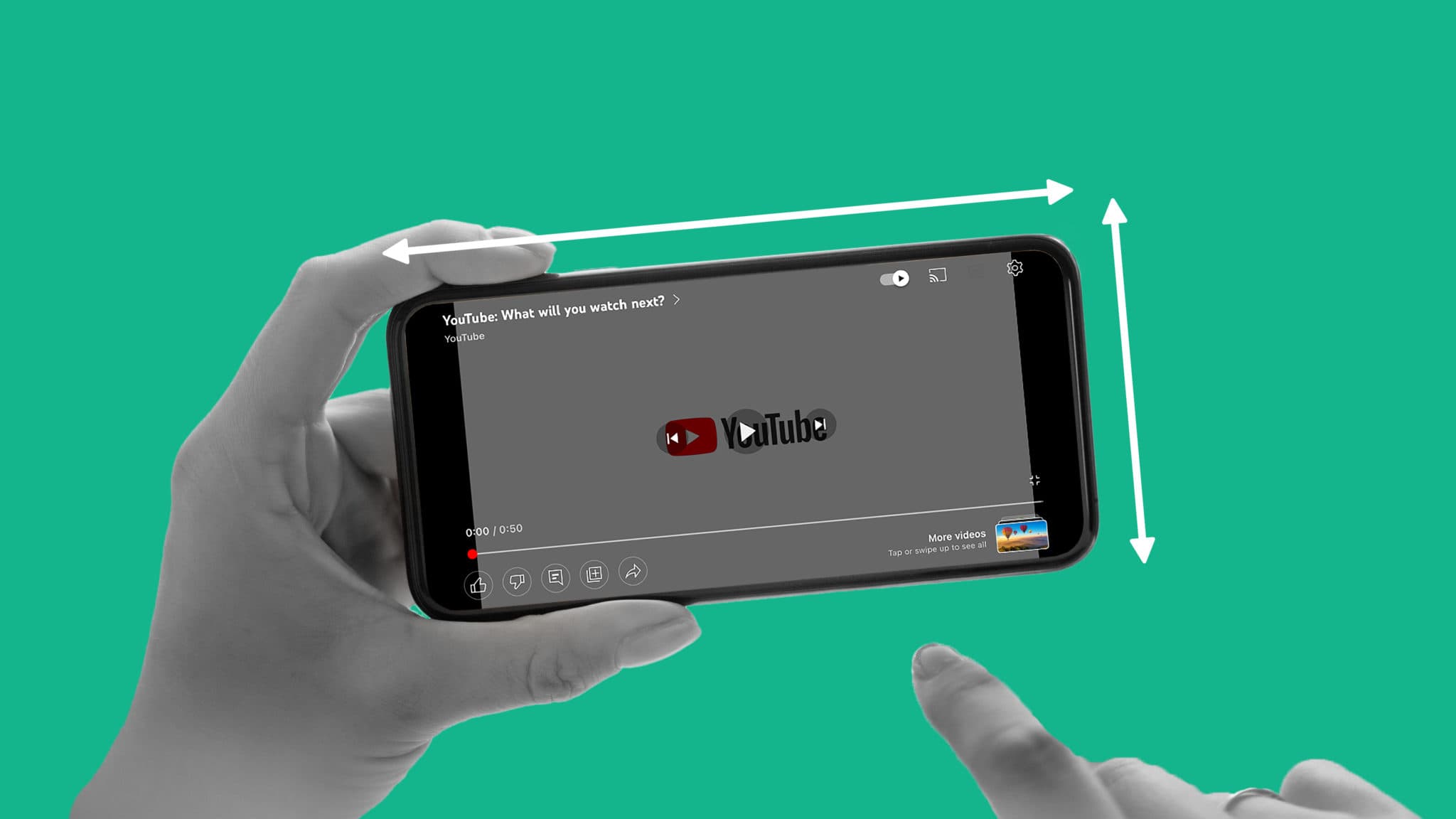 This image is of someone holding a smartphone. On the screen, the YouTube app is open. On the sides of the phone, there are arrows to show the ad specs and sizes for YouTube video ads.