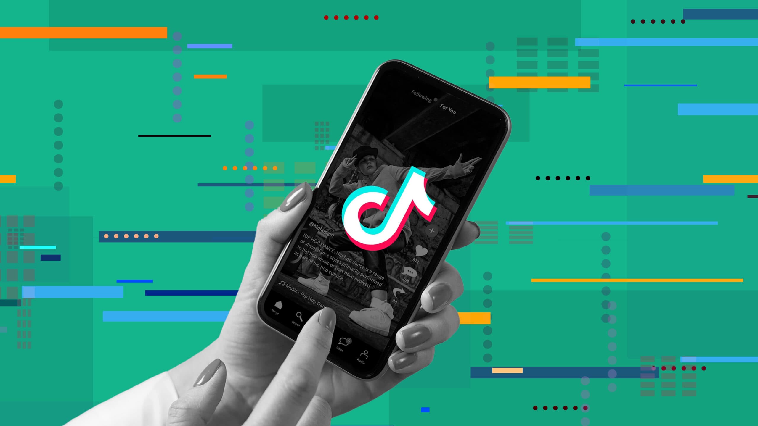 This image has a green background with yellow and blue lines throughout to represent movement. In the middle of the image is a hand holding a smartphone. On the screen, you can see the TikTok logo. This image represents the TikTok algorithm.