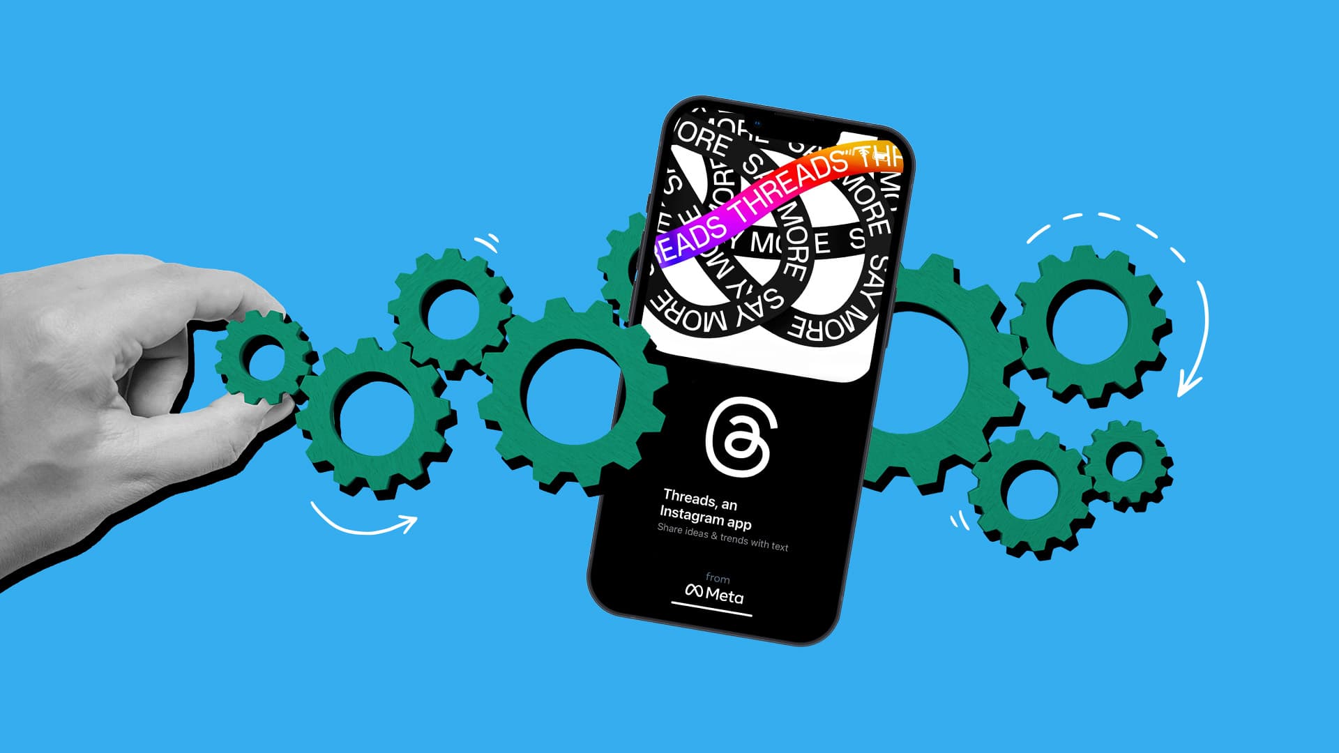 This image features a blue background with a phone and a hand. The Threads platform is pulled up on the phone. This image represents the Threads algorithm.
