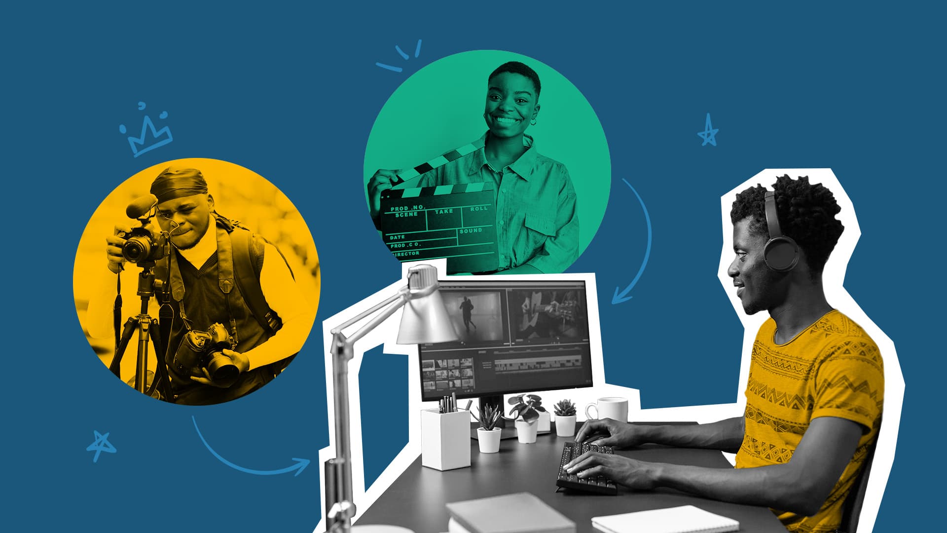 This image features a person sitting at a desk editing a video. In front of them are two other people also participating in filmmaking. This image represents 8 Black people who revolutionized the film industry.