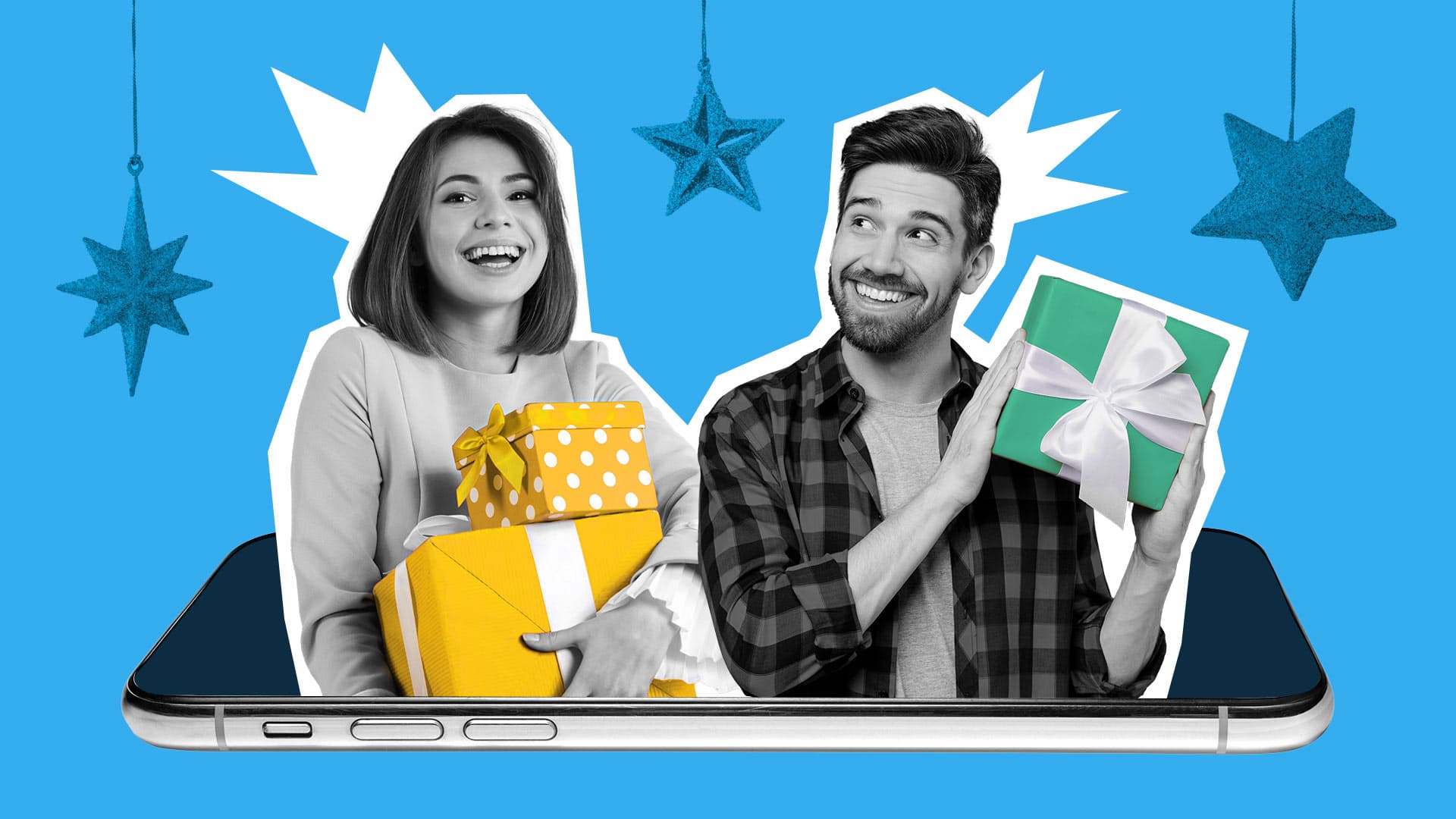 This image features two people, each holding gifts. The image represents the best practices for holiday marketing strategies.