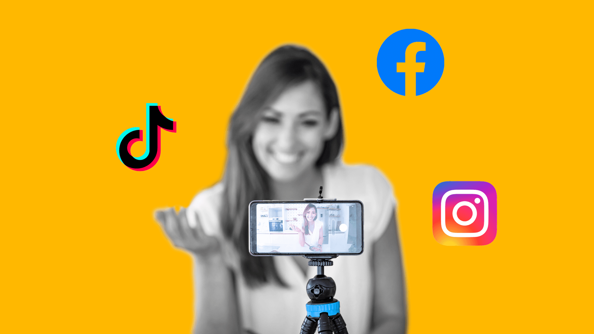 This photo is of a person filming themselves with an iPhone. There are logos around their head for TikTok, Facebook, and Instagram. This image is meant to represent the social media video marketing trends for 2023.
