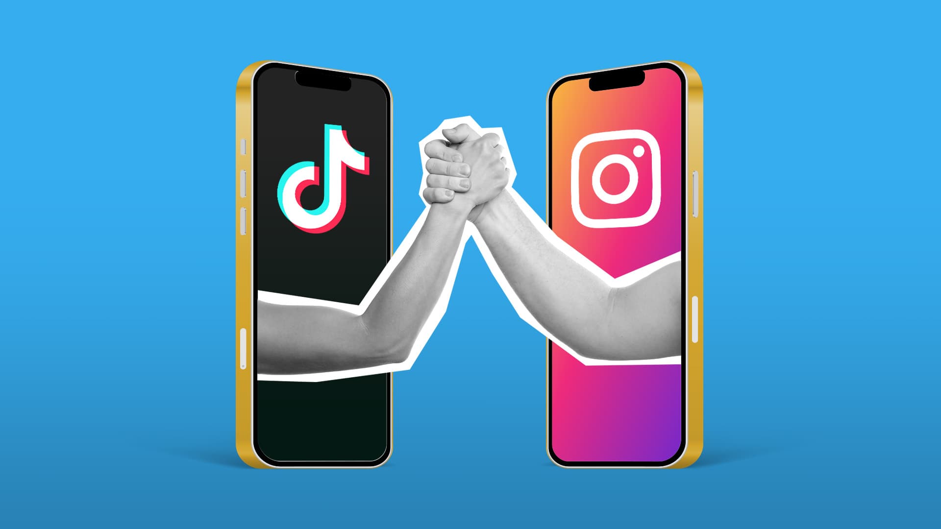 This image features a blue background and two phones. On the left phone, the screen shows the TikTok logo. On the right phone, the screen shows the Instagram logo. This image represents the key differences for brands to know between TikTok and Instagram.