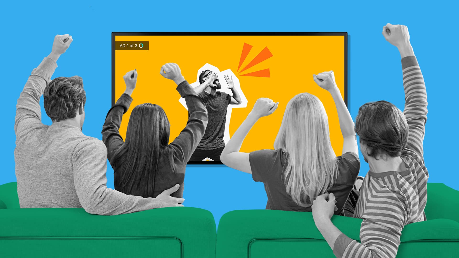 This image features people cheering at a TV. The image represents the biggest creative moments from the 2024 Big Game.