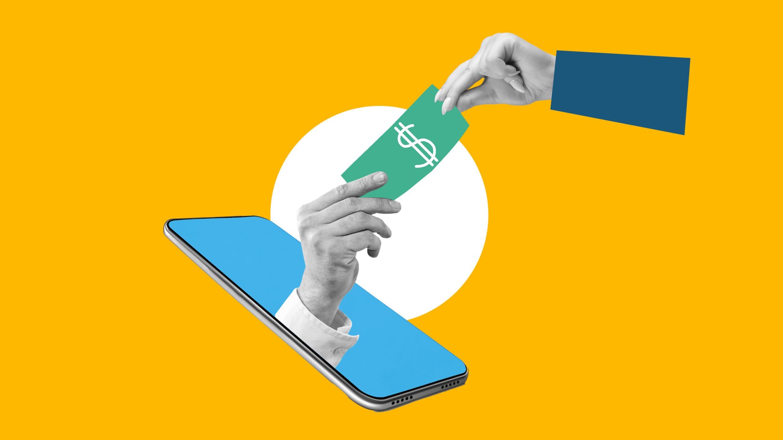 This image features two hands exchanging money. This image represents the grants and resources available to underrepresented content makers.
