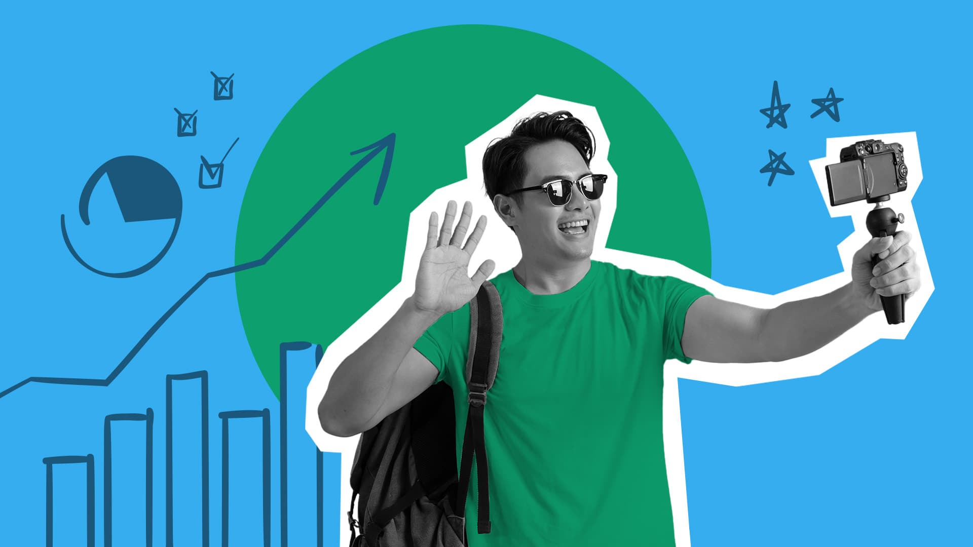 This image features an influencer filming themselves with influencer-related insights imagery around them. This image represents influencer marketing statistics to know.