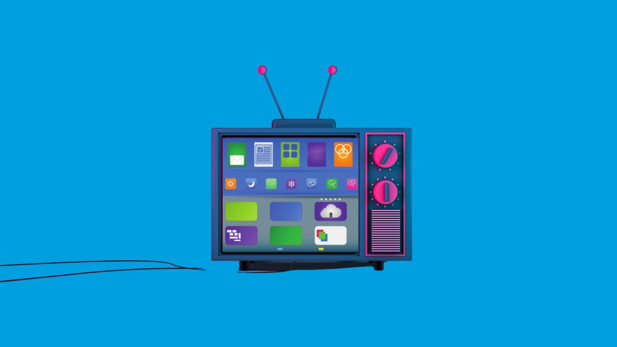 A retro television sits on a blank blue background. There's a cord to the left of the TV. It has pink buttons and accents on the antennas. Otherwise, the TV is black. On the TV screen is a modern-looking format that someone might find on a smart TV. The image is meant to represent the growth of the industry for Creative Storytelling Strategies for CTV.