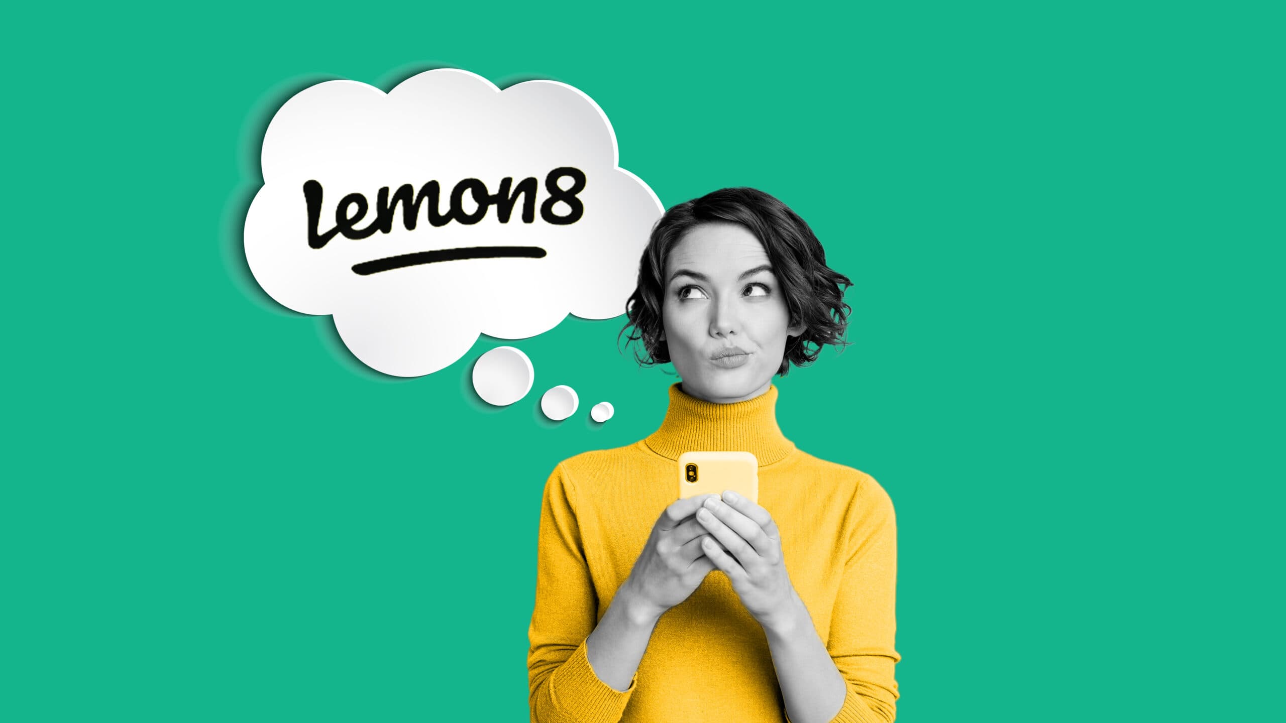 This image features a green background, with a person standing. The person is wearing a yellow sweater and holding a smart phone. Above the person's head is a thought bubble, which has the Lemon8 logo in it. This image represents how marketers and consumers alike are considering the new social media platform.