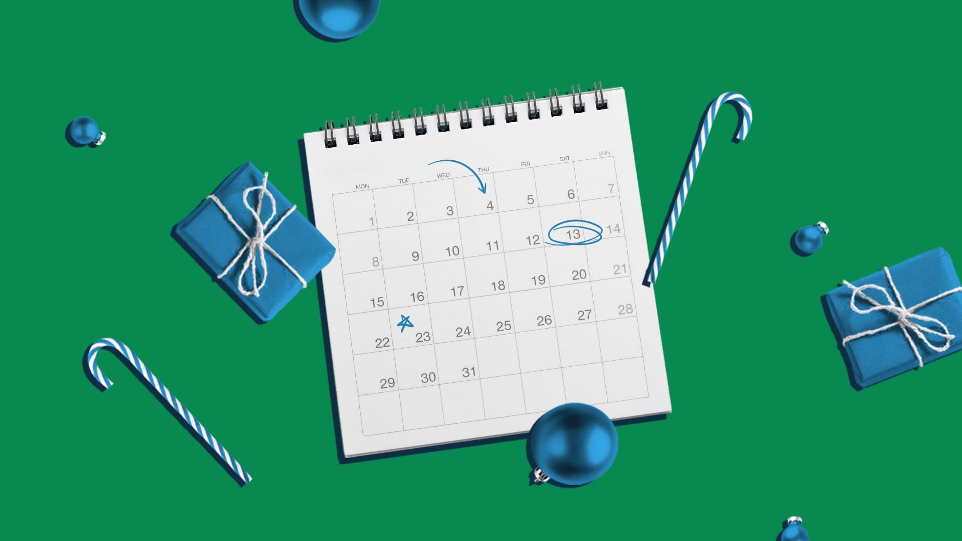 This image features a green background with a calendar in the middle. Around the calendar, there are small gifts, candy canes, and other holiday-adjacent items. This image represents the holiday video marketing timeline.