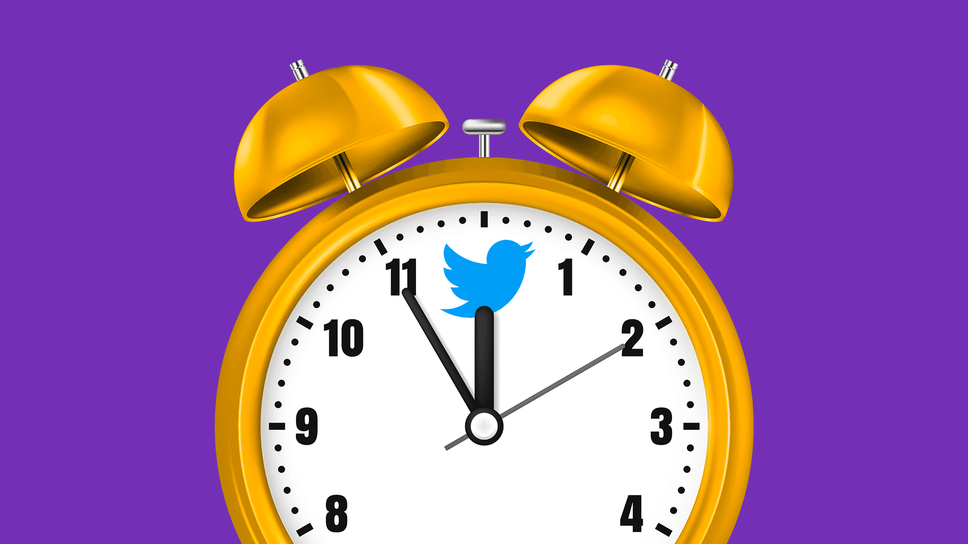 This image features a purple background. There is an analog clock in the image, with the blue bird Twitter logo replacing the 12 spot. This image represents the best time to post on Twitter (X).