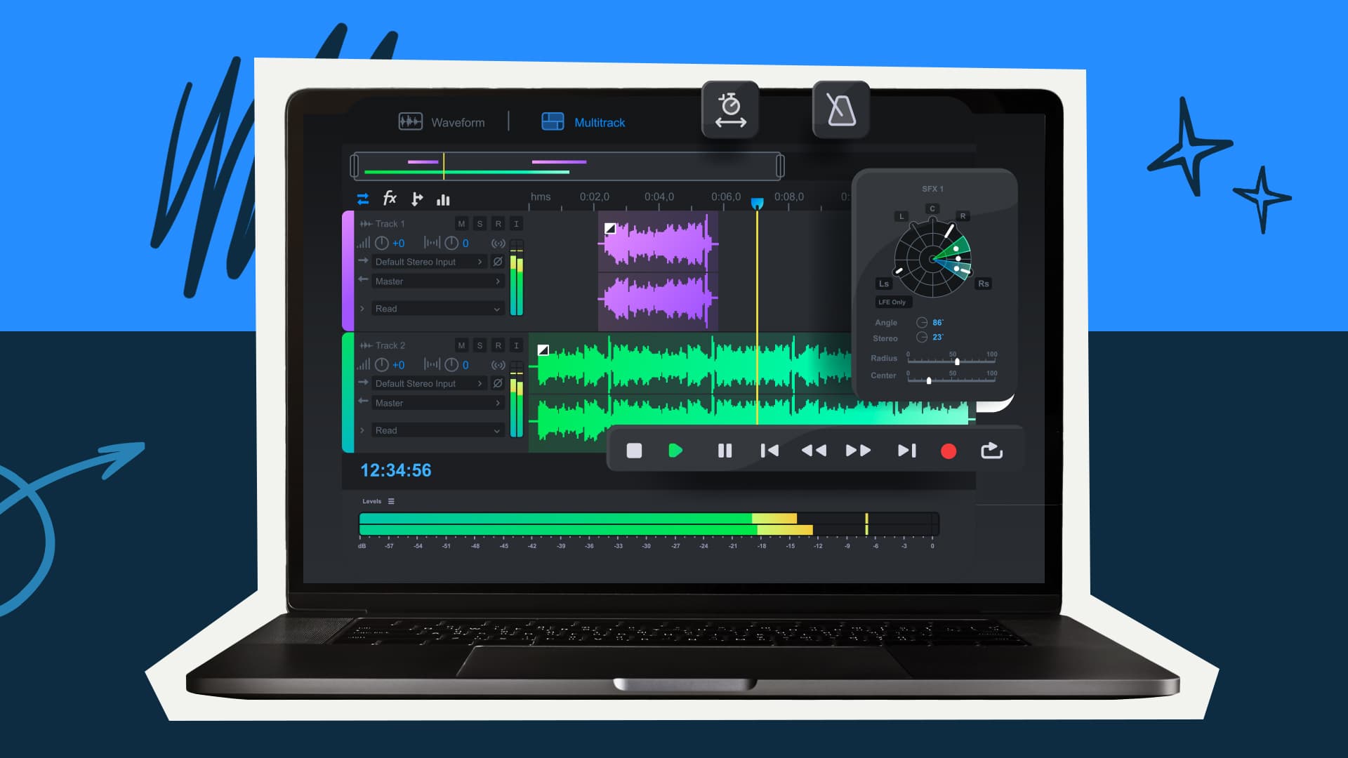 This image has a computer with sound editing software on the screen. The image represents sound mixing.