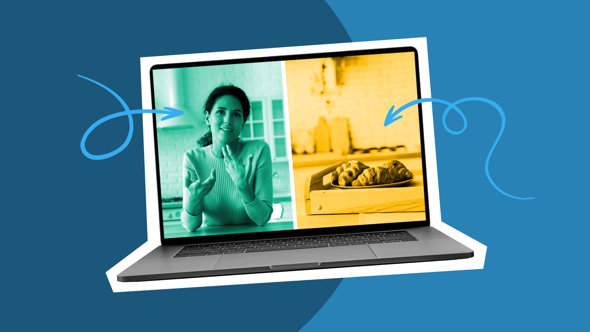 This image features a laptop with A-roll on one side of the screen and B-roll on the other. This image represents A-roll vs. B-roll.