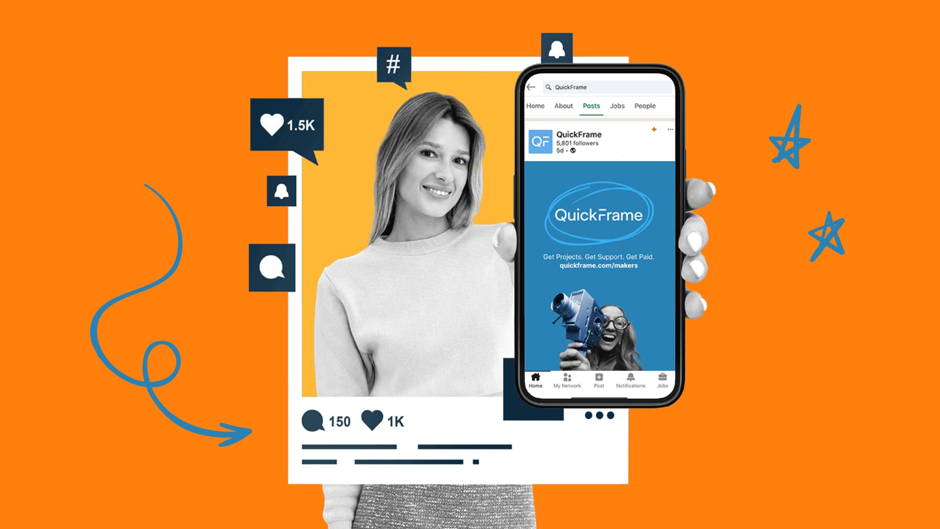 This image features a person holding up a phone screen showing the QuickFrame LinkedIn. This image represents B2B influencer marketing.