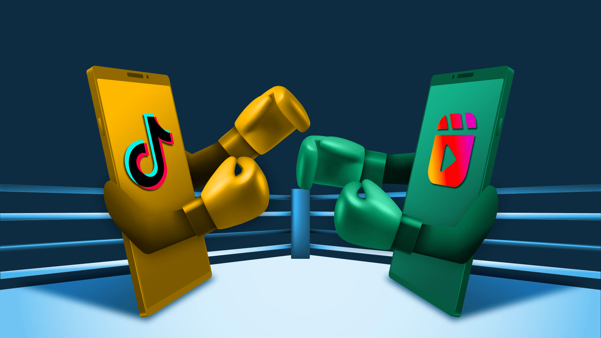 This image features two phones in a boxing ring. One phone has the TikTok logo, the other has the Instagram Reels logo. This image represents Instagram Reels vs TikTok.