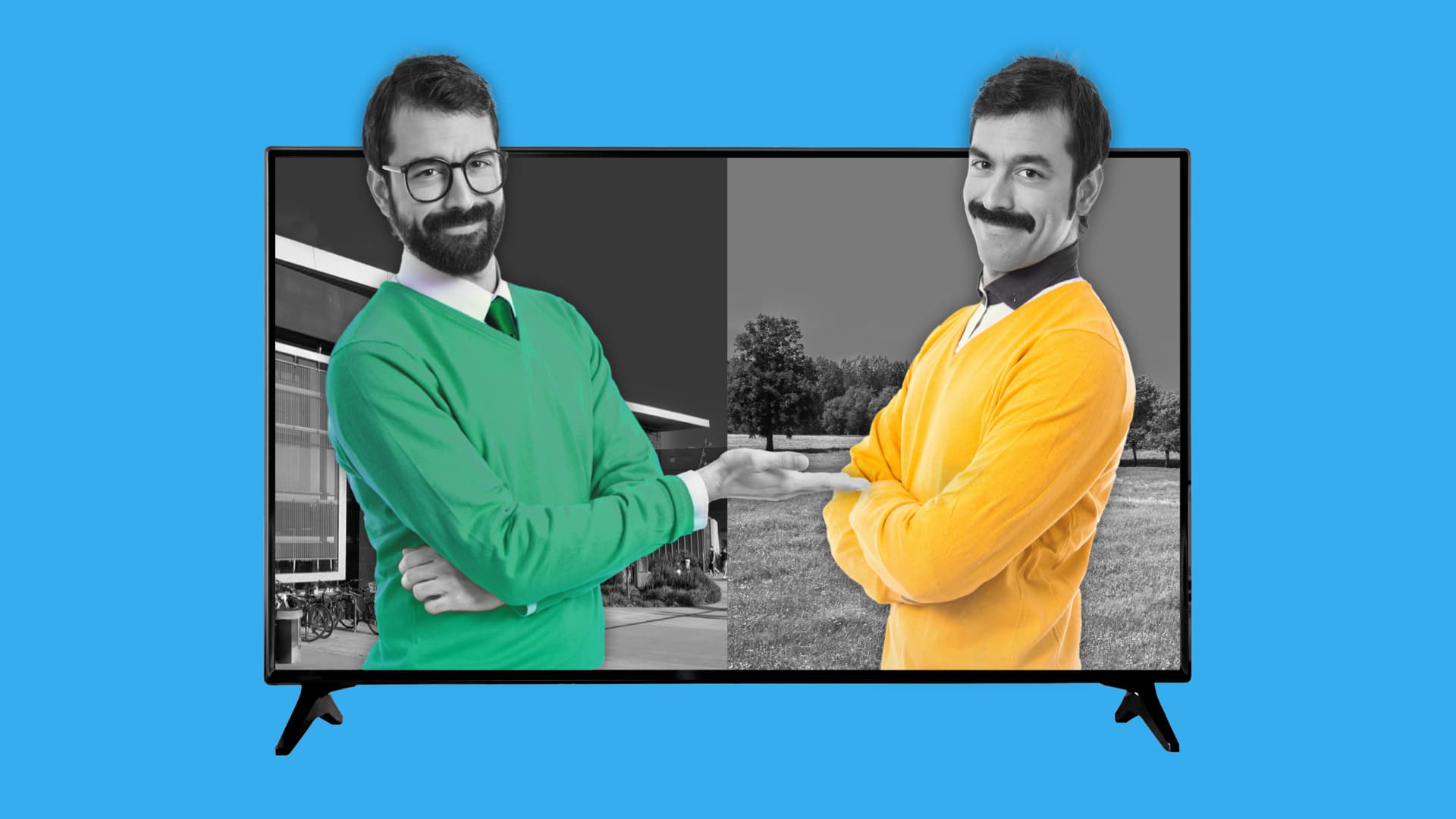 This image features a TV with two people on the screen. There is a line directly down the middle of the screen to represent testing. The person on the left is wearing a green sweater, while the person on the right is wearing a yellow sweater. There are additional differences (including their facial hair) to represent effective video testing.