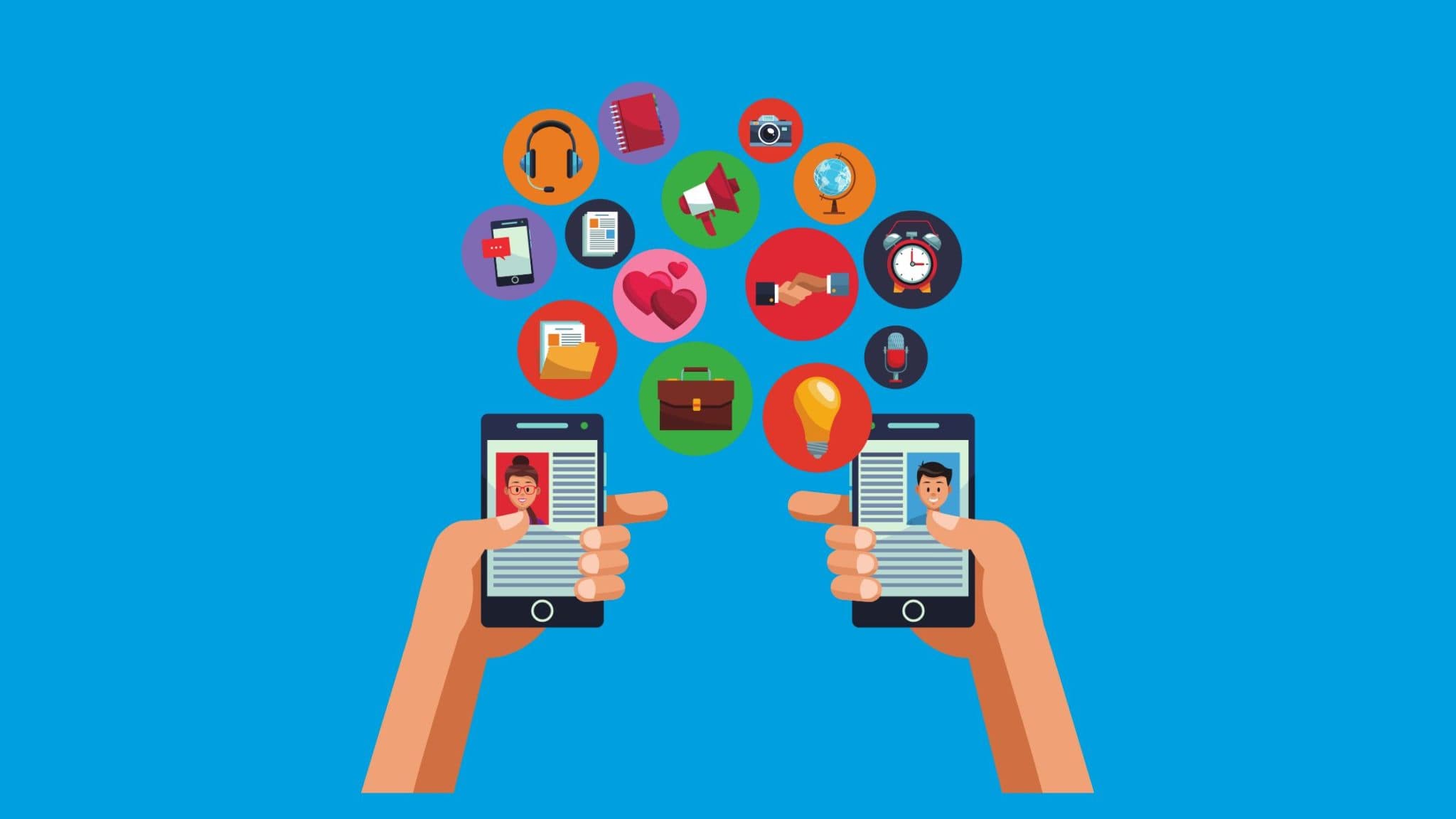 Digital art of two hands holding two phones with icons to represent their interests coming out of both phones. The background of the photo is blue. The photo is to represent user demographics.