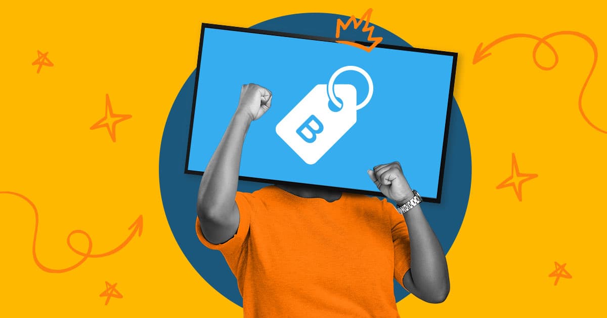 This image features a person whose head had been replaced with a TV moving their arms in a celebratory manner. The TV screen has a shopping tag. The image is meant to represent a winning brand strategy.