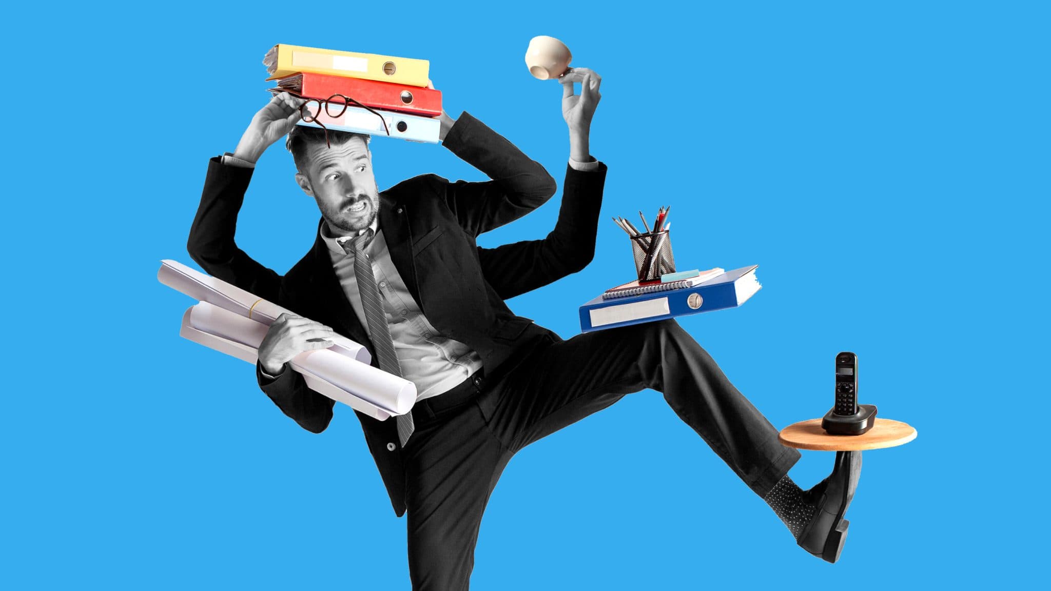 The photo is a picture of a person trying to balance things. But, even with two extra arms coming out of their torso, the person is holding tool much and looks like they might fall over at any time. This photo is meant to represent balance for marketing teams.
