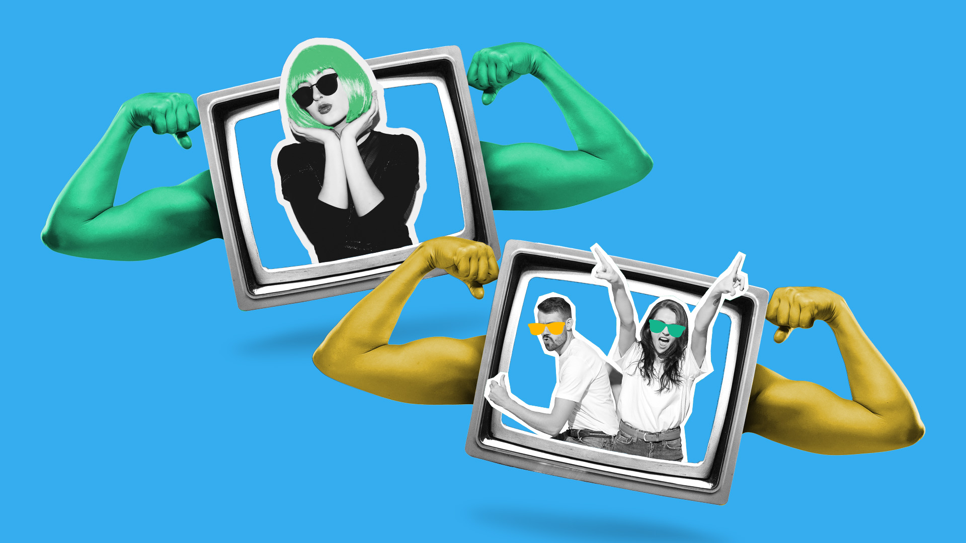 This image is of two TV screens with people in each of them. On the outside of the TV screen, there are human arms flexing, to represent the strength of digital video advertising. Overall, this image represents the best QuickFrame videos for the month.