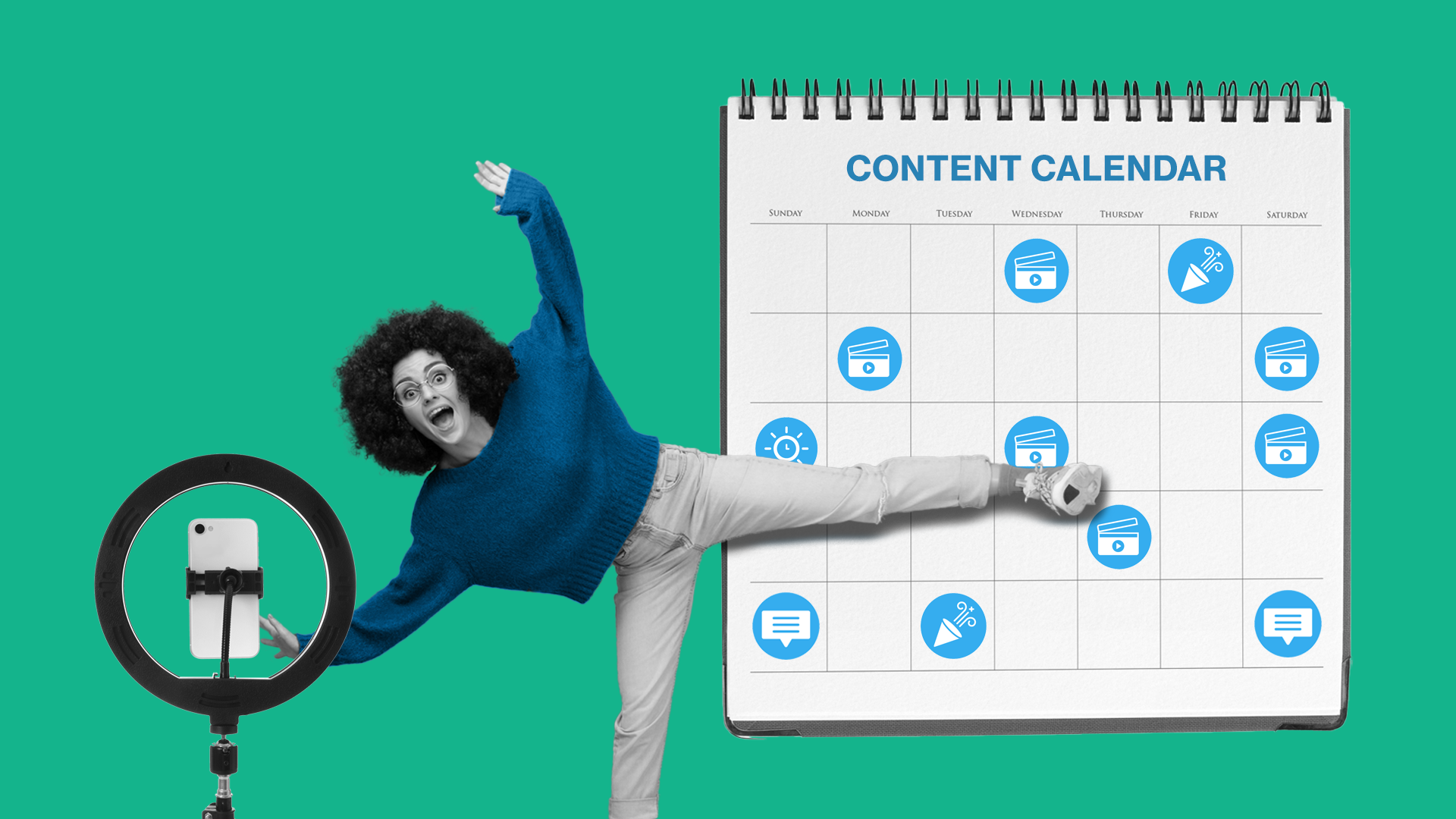 This image features someone dancing behind a tripod with a phone, showcasing someone making a TikTok. Behind them is a calendar to represent the TikTok content calendar. Overall, this image represents the effective creation of a TikTok content calendar.