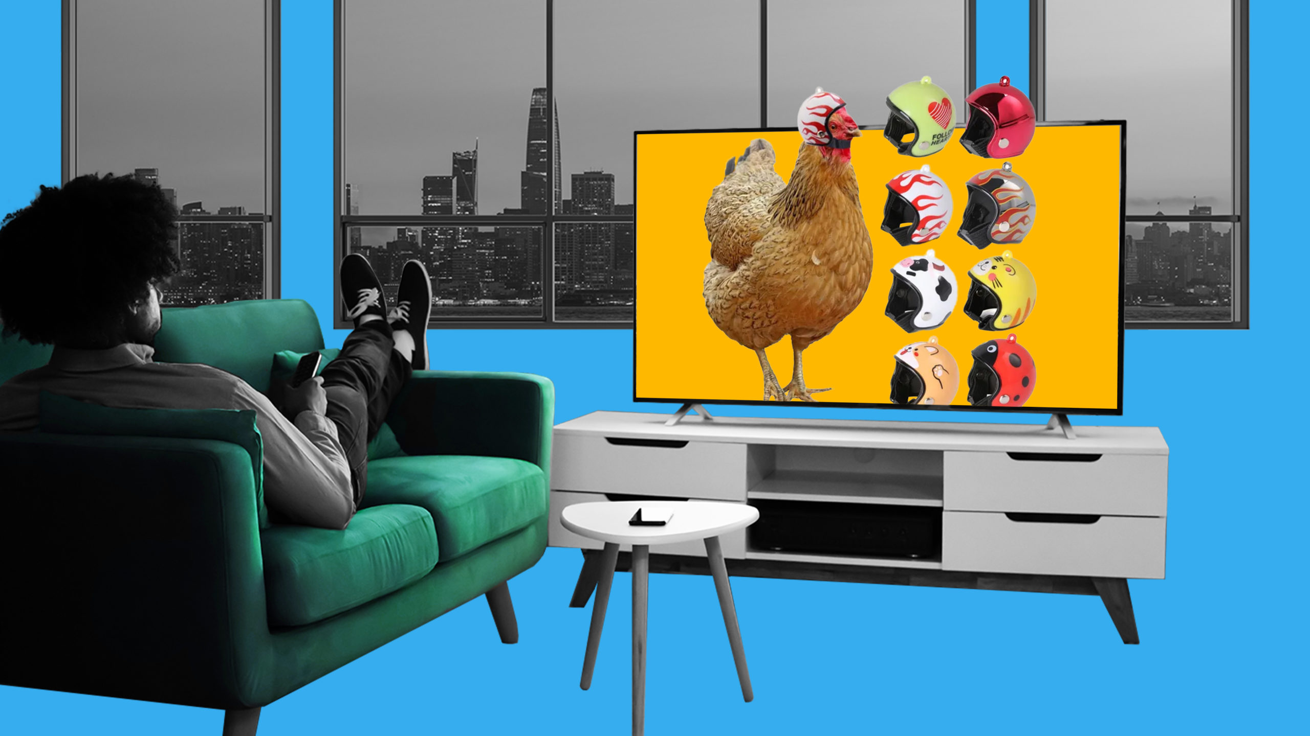 This image features someone sitting on their couch, watching content on their TV screen. On the screen, there is an image of a chicken wearing a helmet, with other chicken helmet design options to the side. This image represents bad or irrelevant digital ads.