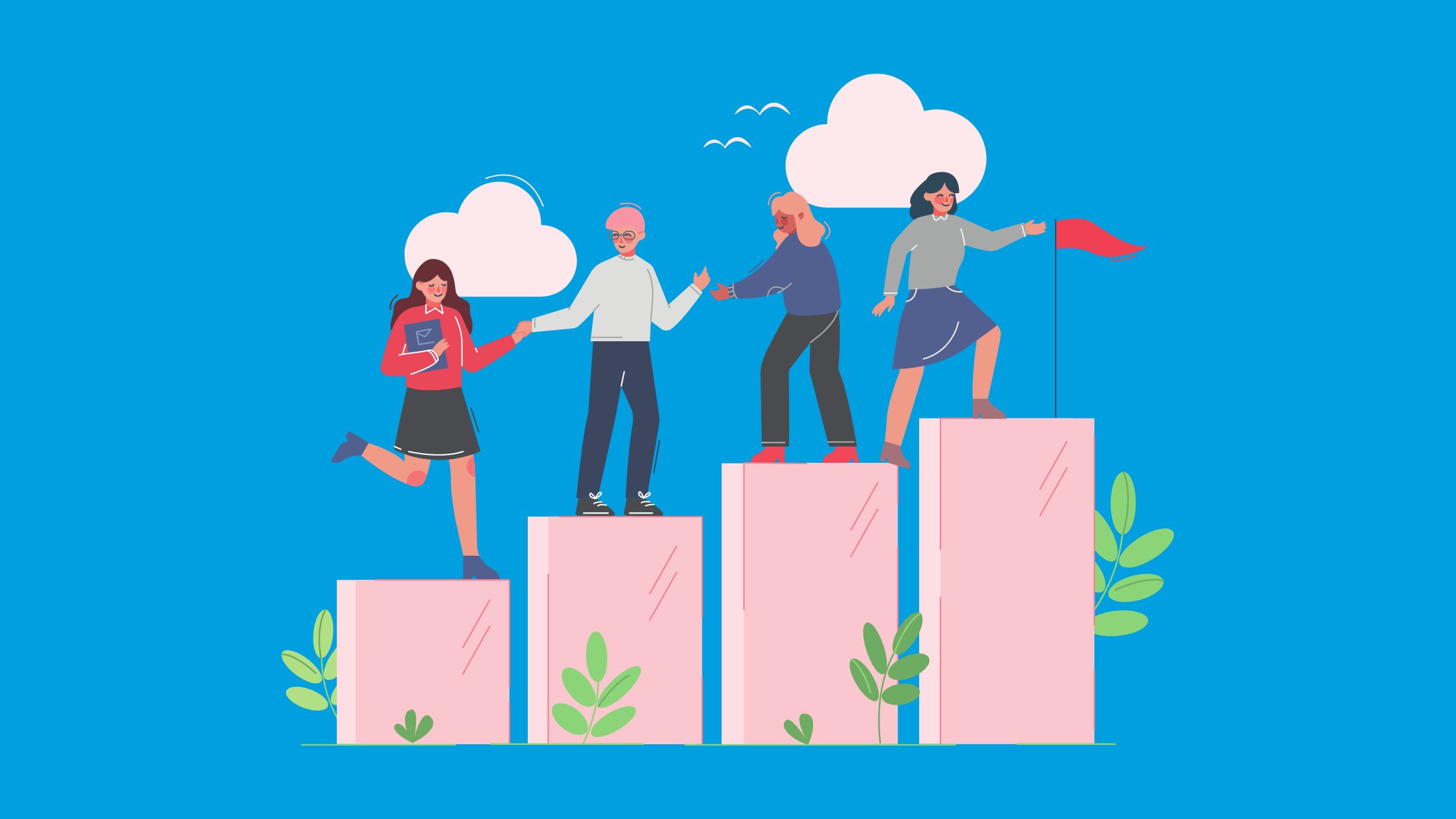 This image features four people on different height platforms, each helping one another get to the top. This image represents the creator corner blog for pro bono video work.