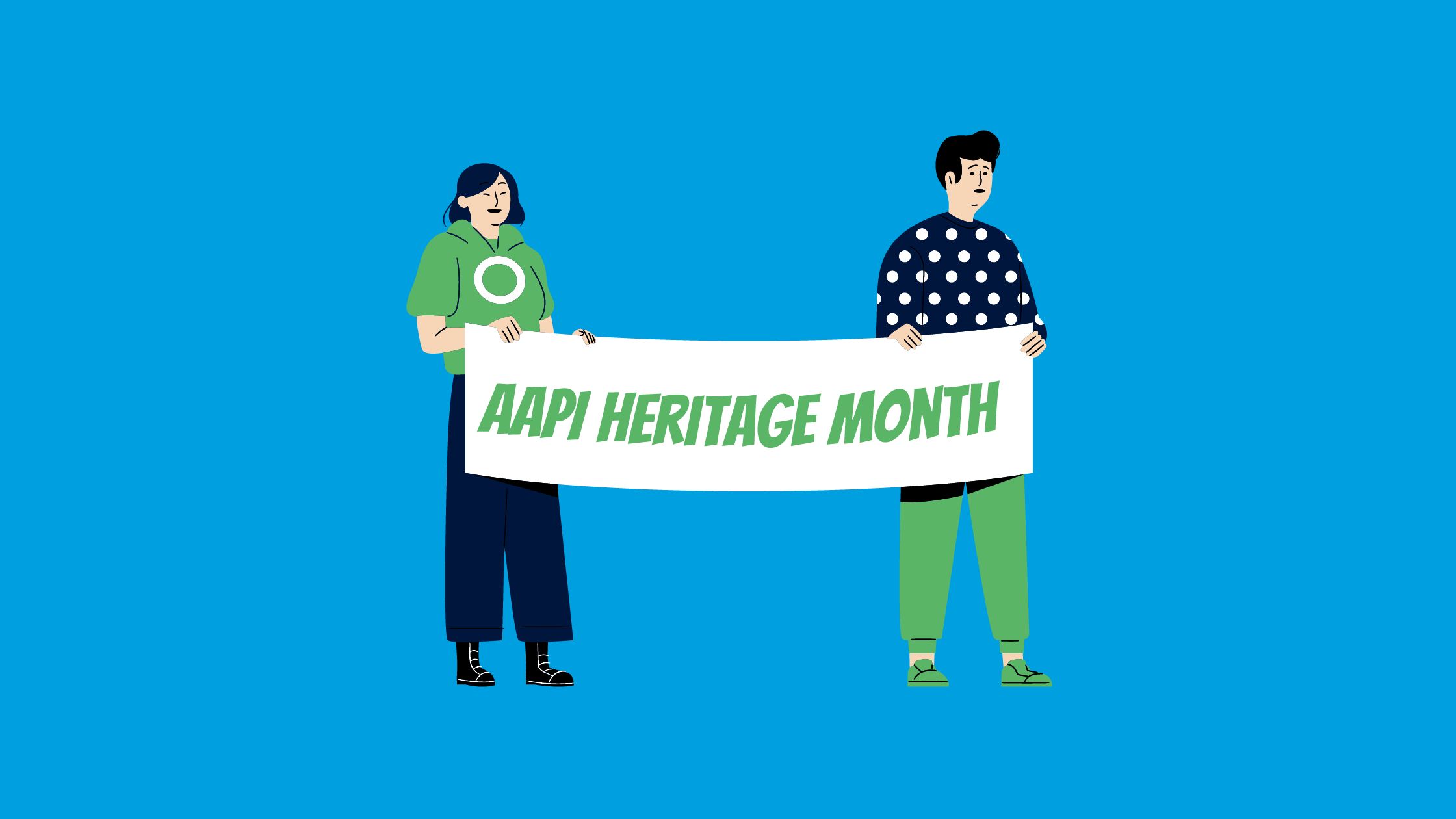 This image features two people holding up a banner that says "AAPI Heritage Month." This image represents the AAPI filmmakers blog to highlight 8 AAPI filmmakers who have revolutionized cinema.