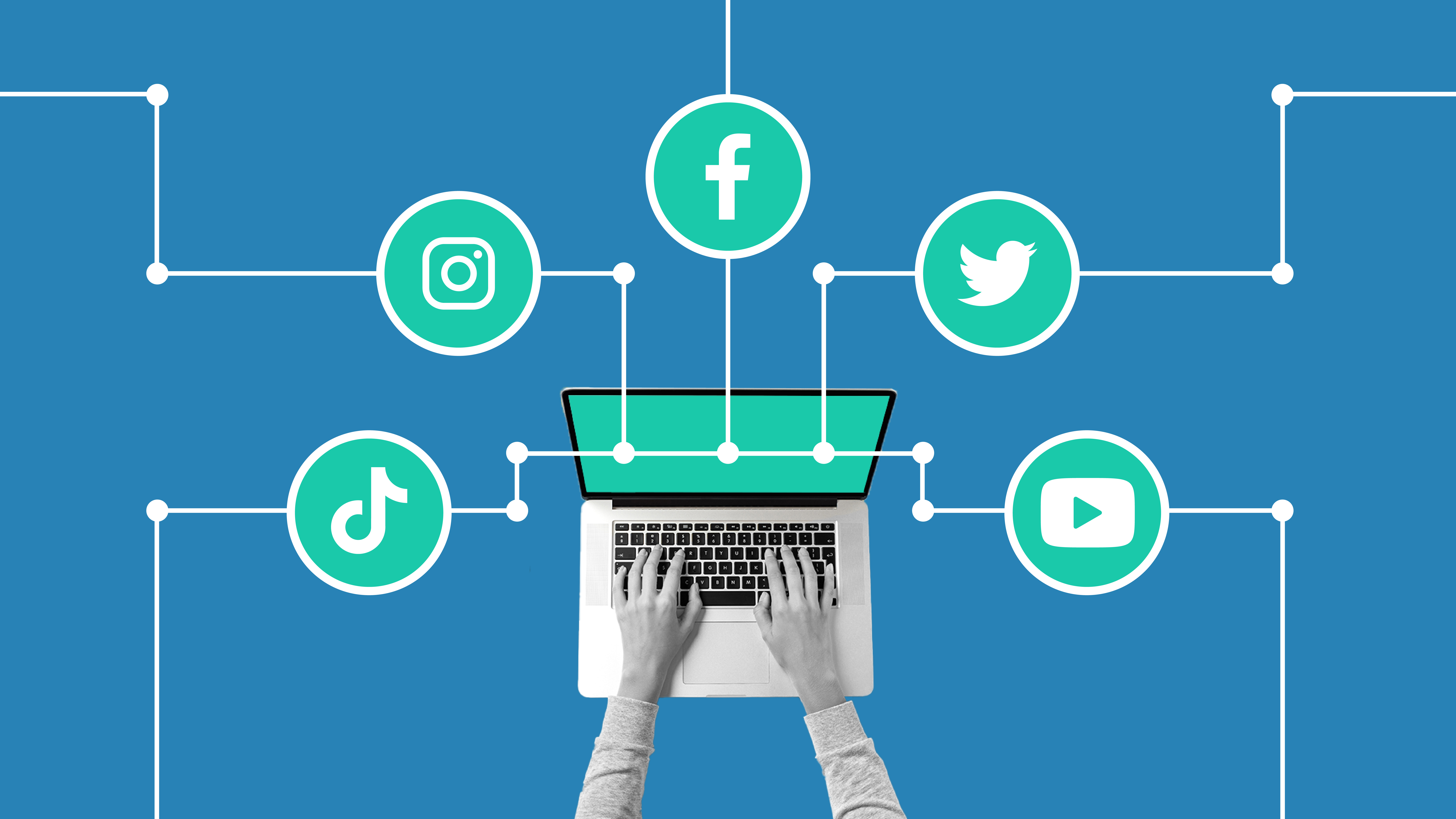 This image has a blue background. There is a laptop in the center of the screen, with lines connecting logos from some popular social media platforms. This image represents the social media algorithms.