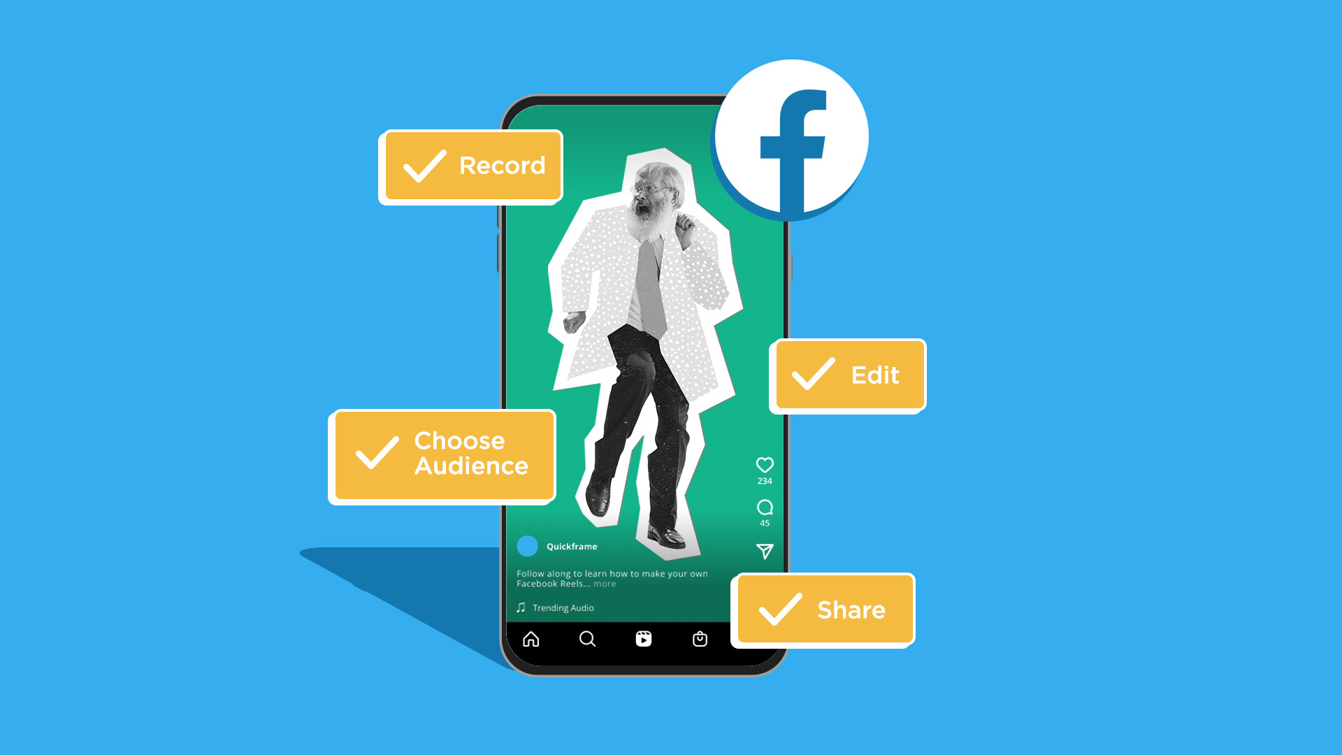 This image features a blue background with a phone on it. On the screen, there is a Facebook Reel with the Facebook logo. This image represents how to make a Reel on Facebook.