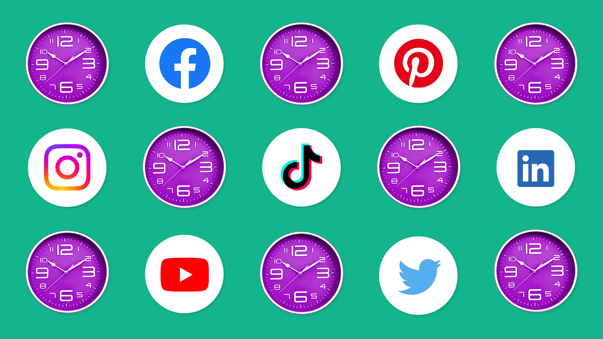 This image features a green background with 15 circles on it. In every other square there is a clock. In the others, there is a different social media logo. This image represents the best time to post on social media.